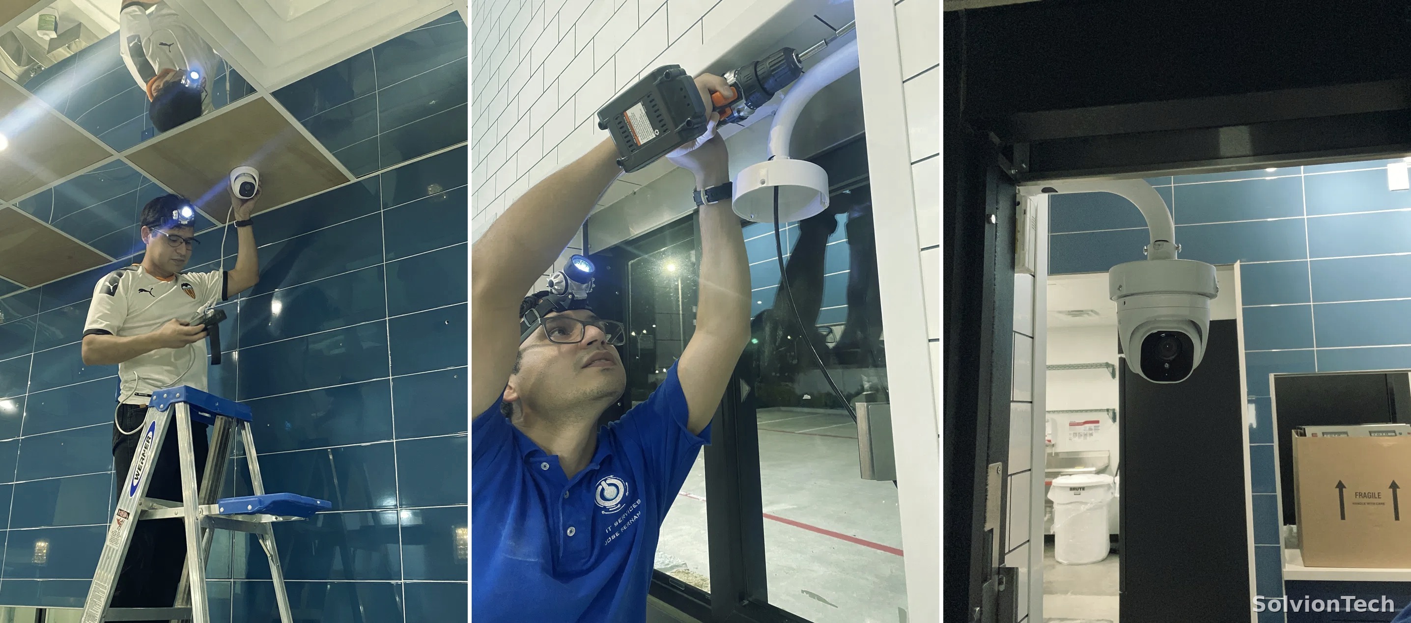 Security camera installation process at a business — ceiling mount, drive-thru drilling, and finished camera